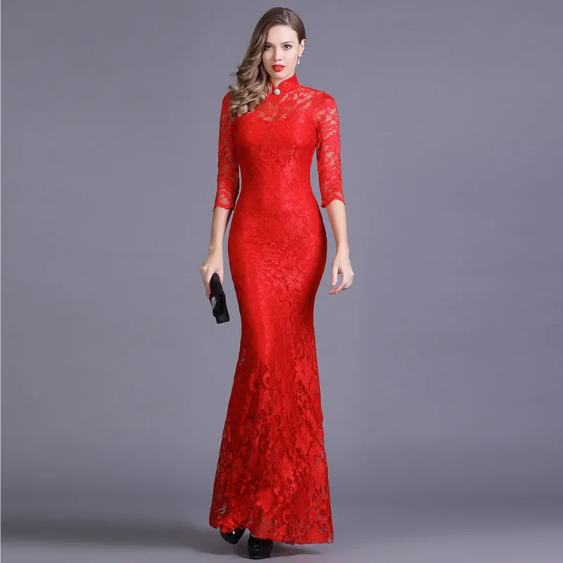 

Elastic Lace Qipao Long Chinese Evening Dress Elegant Women Wedding Party Dresses Red Mermaid Cheongsam Sexy Cheap Qi Pao Chipao