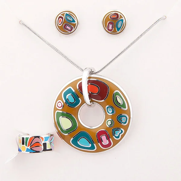 Большая Акция 4 цвета красочные комплекты покрытых эмалью ювелирных изделий(Цепочки и ожерелья, серьги, кольцо, 1 компл./упак