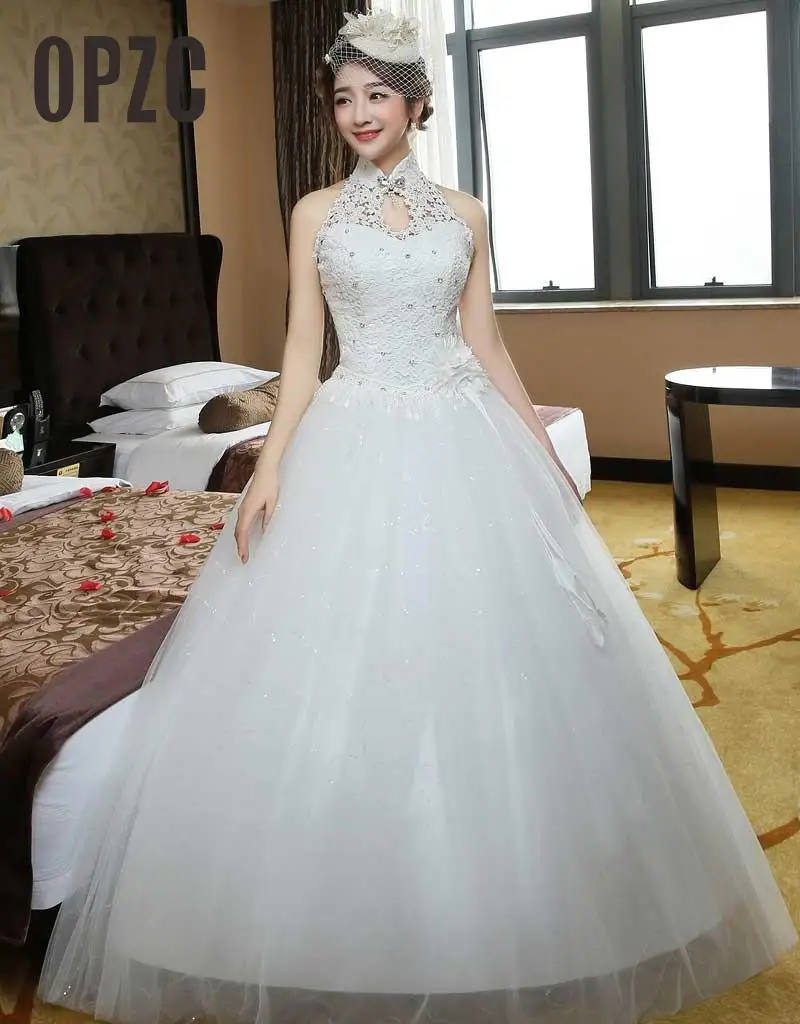 

Fashionable New Design Elegant Hign Neck Crystal Bow Tie Flower Applique Wedding Dress Flower Sash Lace Wedding Gown