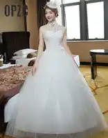Fashionable New Design Elegant Hign Neck Crystal Bow Tie Flower Applique Wedding Dress Flower Sash Lace Wedding Gown