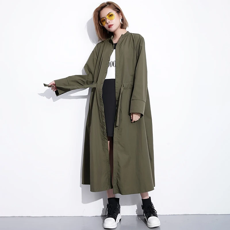 [EAM] 2019 новый пружинная подставка с длинными рукавами краткие свободные длинные талии ветровка с завязками Для женщин пальто мода прилив JH336