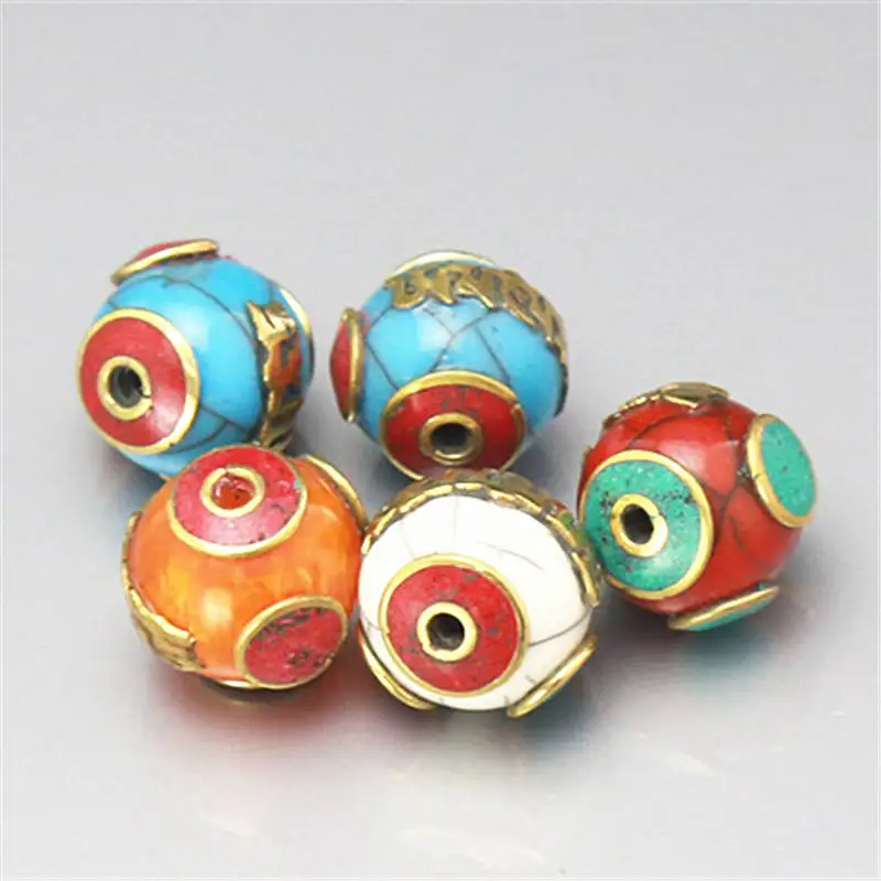

NBB522 Tibetan Mantras Amulets Beads OM MANI PAD ME HUM Nepal brass inlaid Resin Round beads