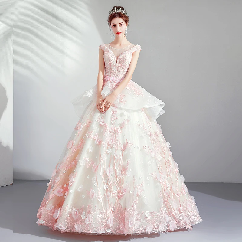 Платье Quinceanera бальное платье цвета слоновой кости розового с кружевной