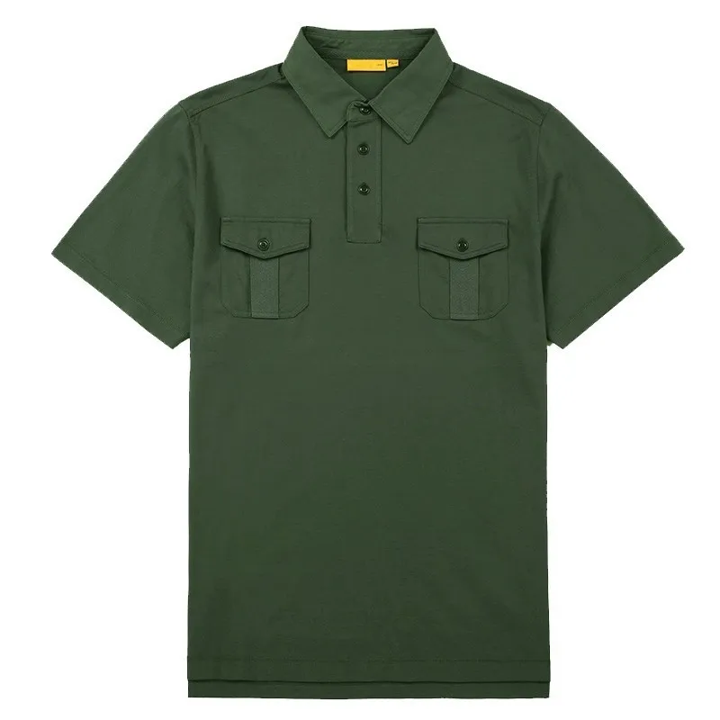 Мужская Летняя деловая Повседневная хлопковая рубашка поло с карманами в стиле сафари, брендовая однотонная мужская рубашка поло с коротким рукавом размера плюс - Цвет: Green