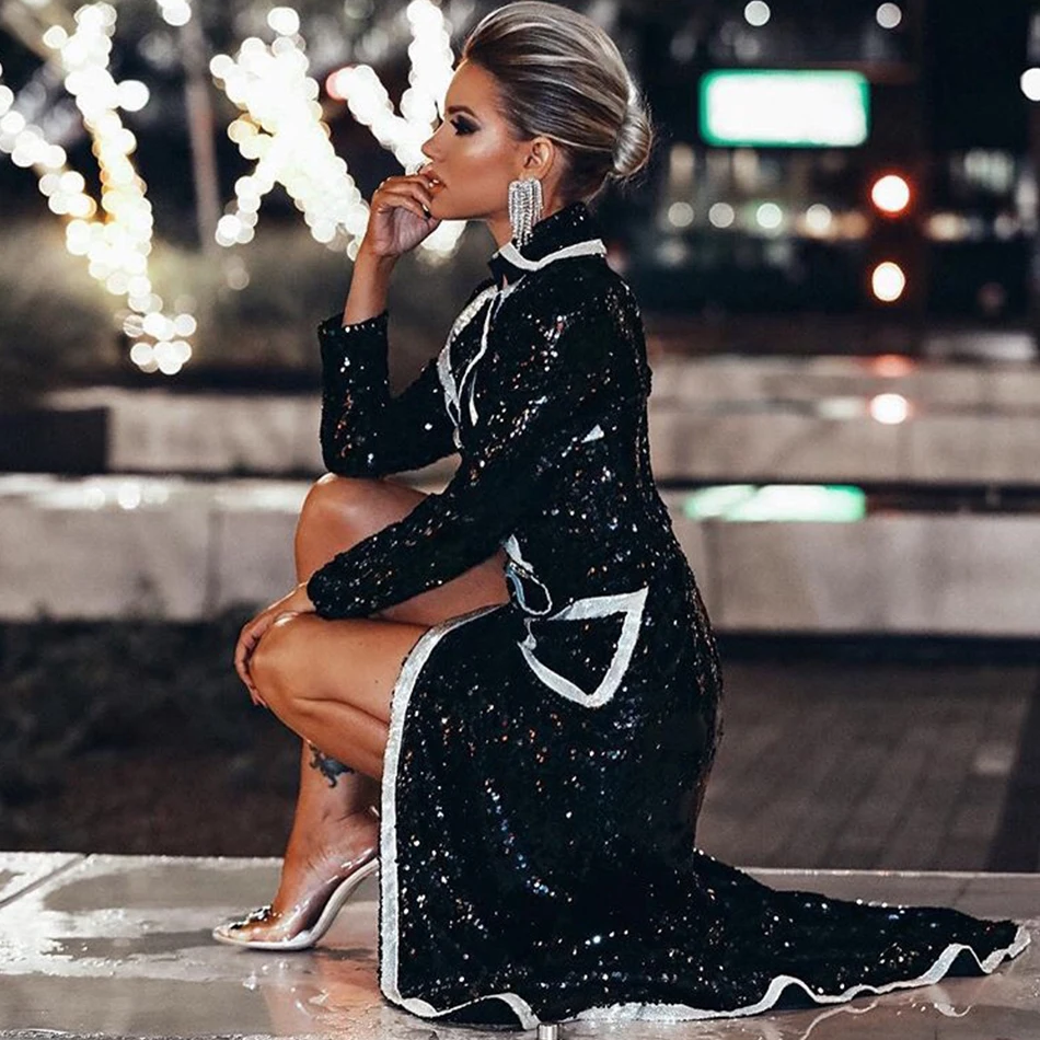 Kaufen Adyce 2019 Neue Winter Frauen Mode Graben Mäntel Schwarz Pailletten Tiefen V Langarm Zweireiher Lange Stil Mantel Frauen maxi Mantel