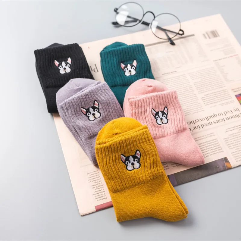 

Winter Women's French Bulldog Embroidery Warm Socks 2018 New Cute Kawaii Female Bull Dog Cartoon Cotton Colorful Casual Socks