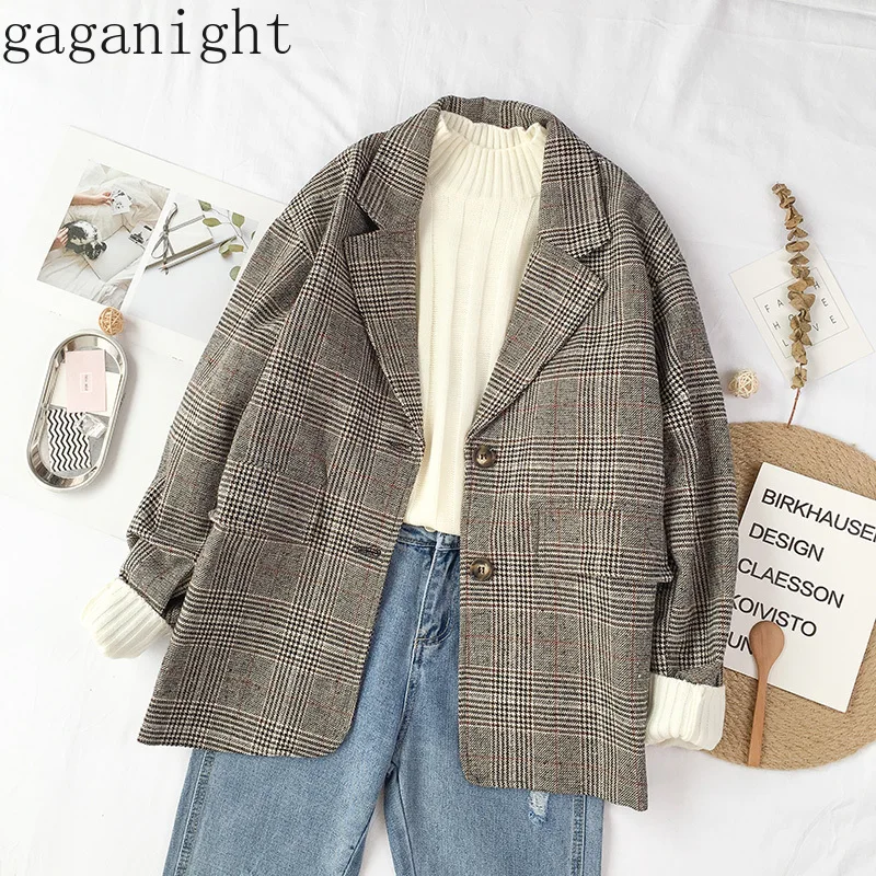 

Gaganight Cotton Plaid Autumn Women Blazer 2019 New Vintage Casual Loose Office Lady Veste Notched Coat Single Breasted Jacket