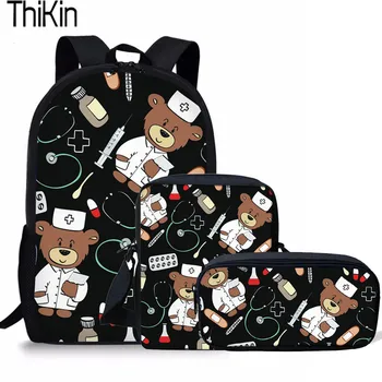 

THIKIN 3Pcs/set School Bags for Kids Girls Cute Cartoon Bear Nurse Printing School Bag Children Shoulder Bagpacks Large Book Bag
