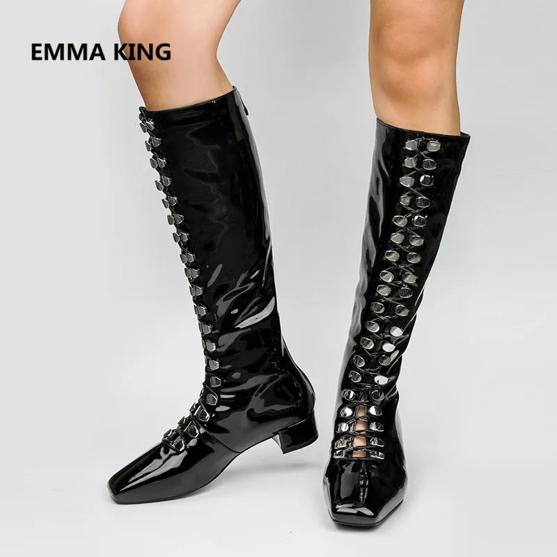 

Runway New Luxury Patent Leather Women Knee High Boots Hollow Cross-Tied Chunky Heels Ladies Winter Shoes Woman Long Knight Boot