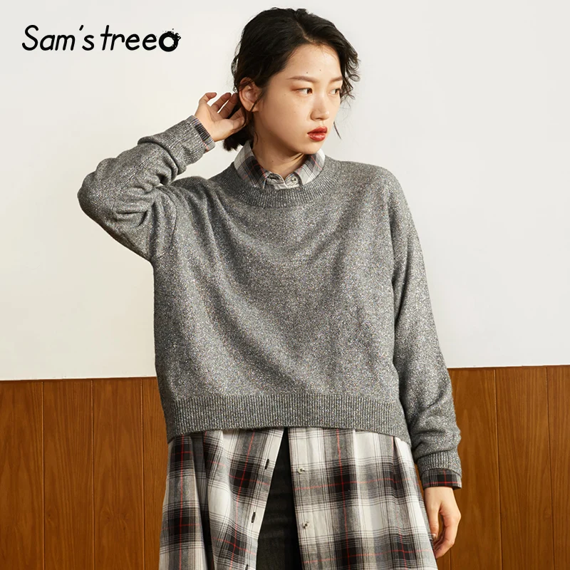 

Samstree Gray Solid Pullovers Minimalist Style Kintted Women Sweater 2019 Autumn Winter Pure High Low Office Ladies Tops