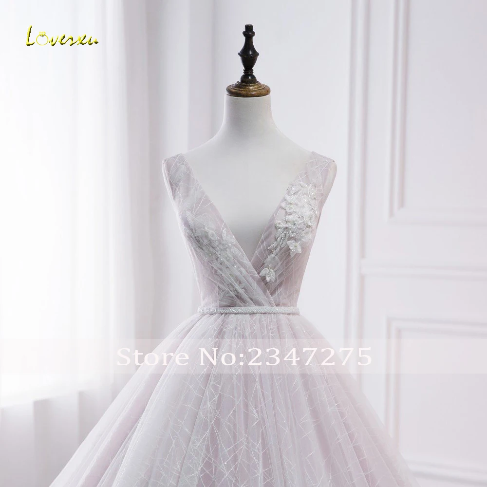 Loverxu Vestido De Noiva, кружевное бальное платье, свадебное платье, сексуальное, с v-образным вырезом, без спинки, с аппликацией из бисера, плиссированное свадебное платье с длинным подолом