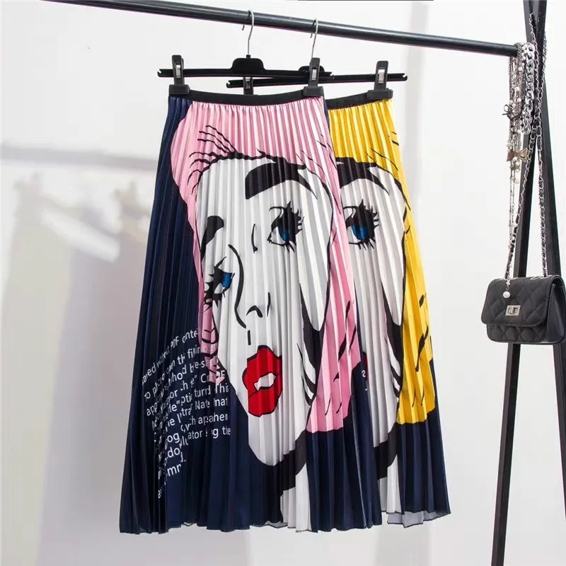 

Summer Europen Printing Cartoon Pattern High Elasticity Pleated High Street A-line Women Skirts