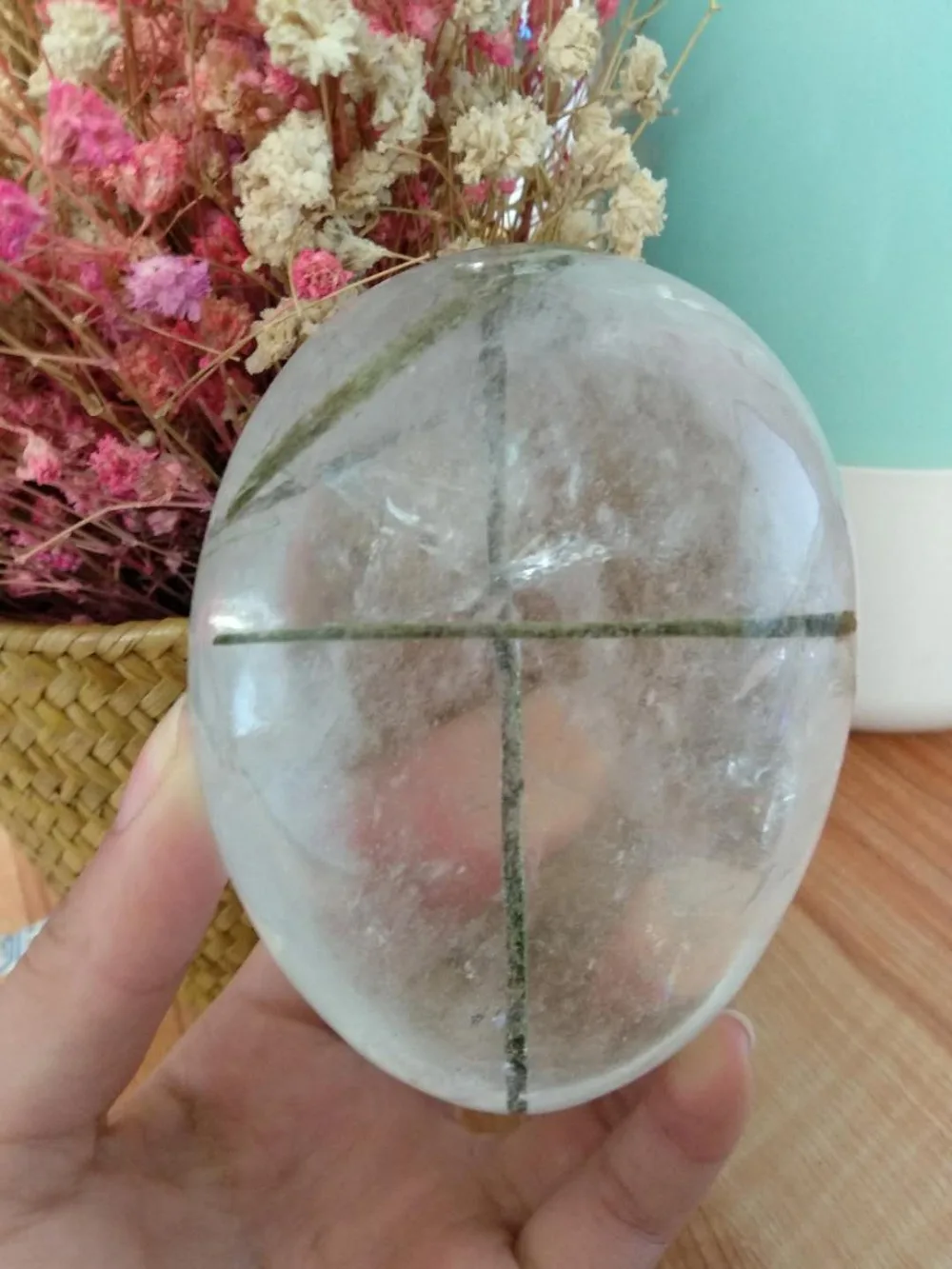 538g High Quality Rare Natural Clear Polished Quartz Crystal Green Tourmaline Crystal Healing