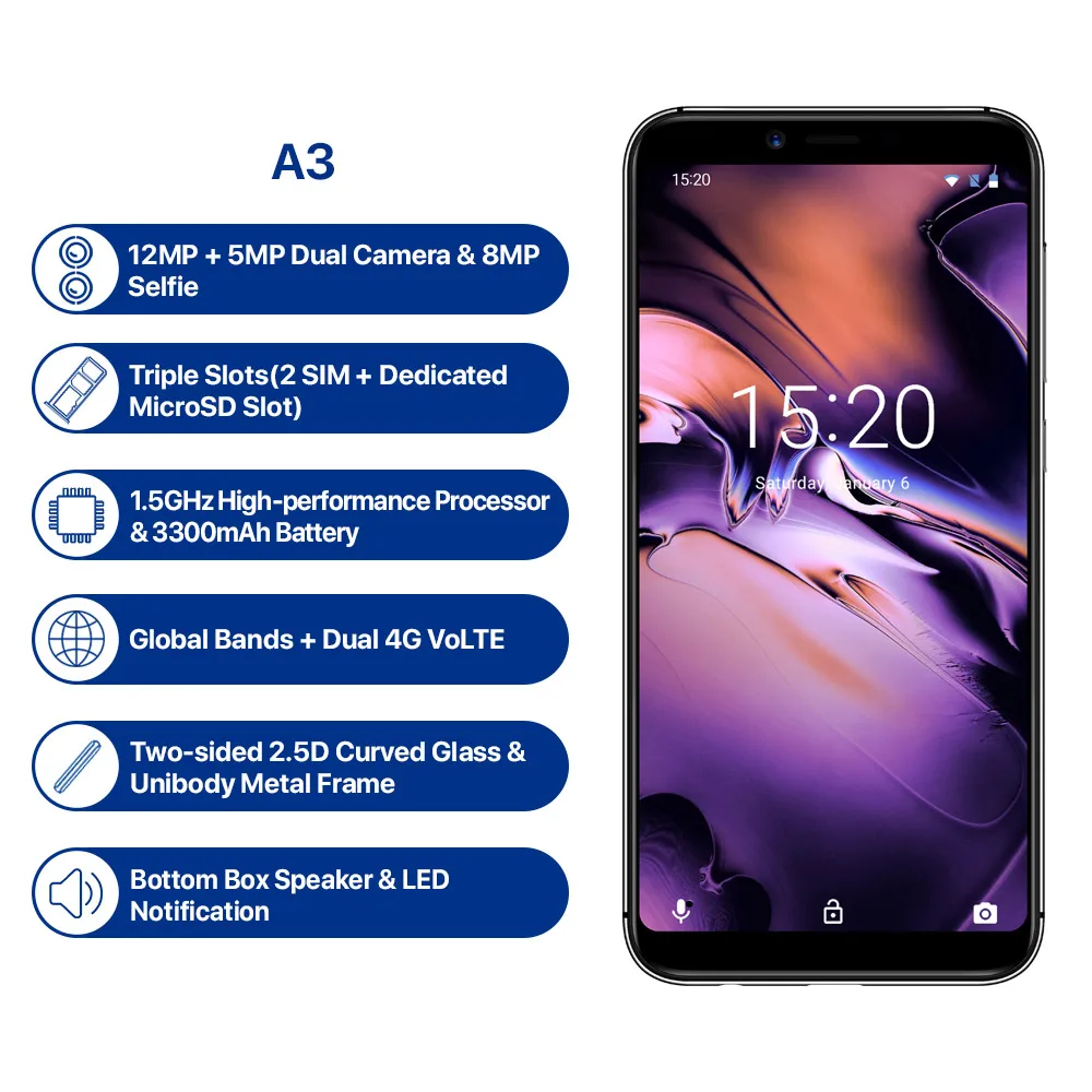UMIDIGI A3 Глобальный Band 5 &quotincell HD + дисплей 2 ГБ 16 смартфон Quad Core Android 8 1 12MP 5MP Face Unlock