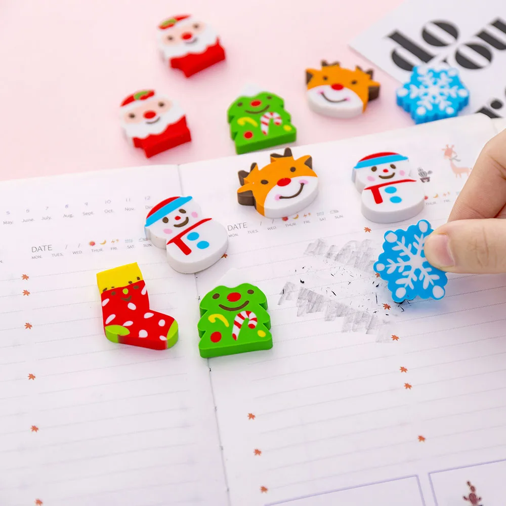 6 Pcs Random Color Christmas Erasers Stationery Rubber Pencil Erasers Office School Student Prizes