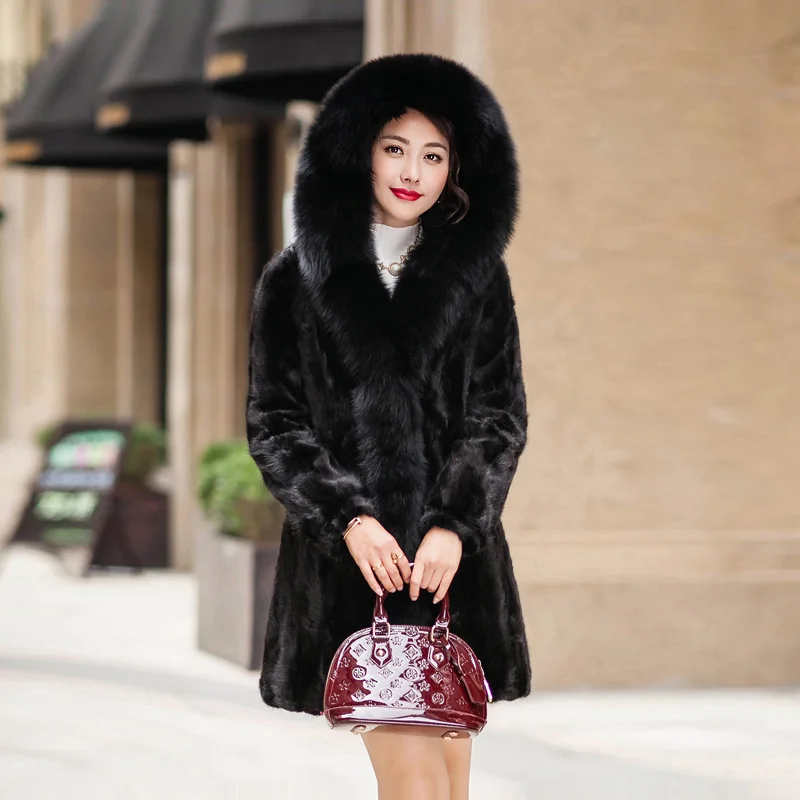 

2017 new pieces mink fur coat female with fox fur collar hood mink fur long outwear