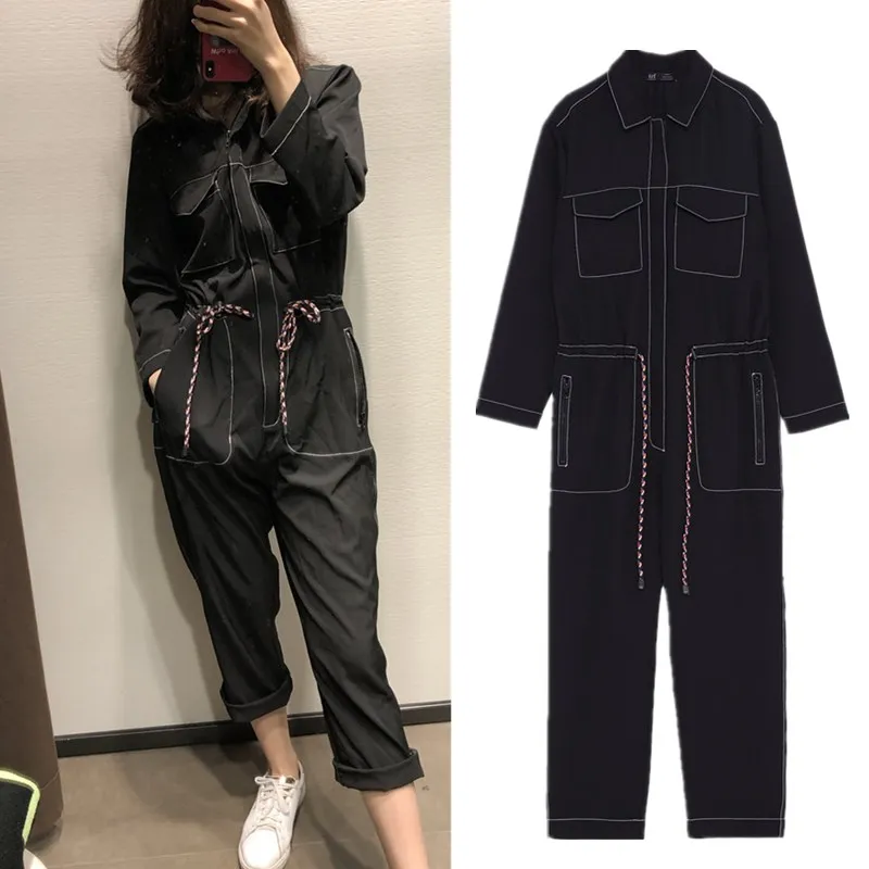 

Streetwear Lace Up Rompers Women Long Sleeve Elegant Jumpsuit Combinaison Femme Autumn Black Casual Loose Pockets Overalls
