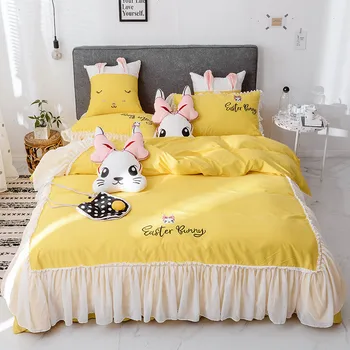

Yellow White Pink Gray Cartoon Rabbit Embroidery 100% Cotton Princess Bedding Set Lace Duvet Cover Bed sheet/Linen Pillowcases