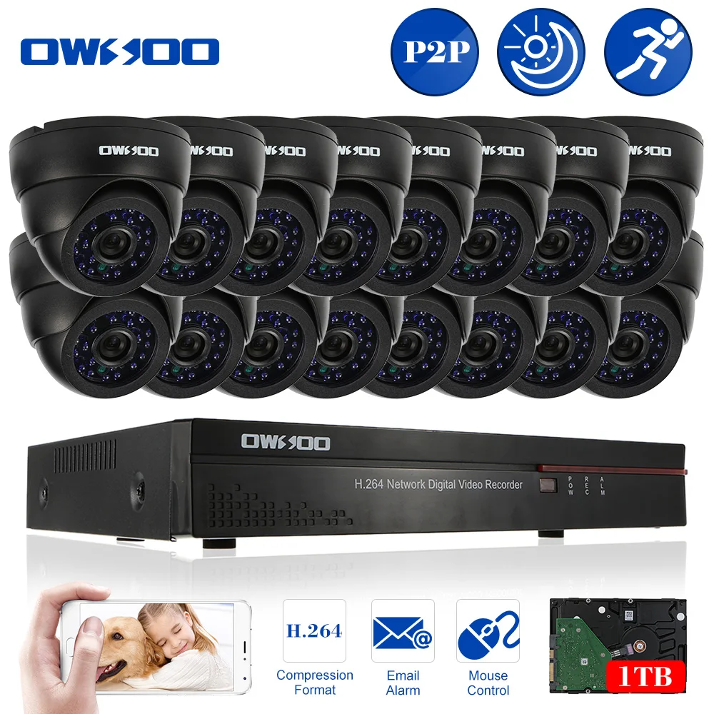 OWSOO Security Camera DVR Kit 16CH Full CIF P2P DVR With 1TB HDD 16pcs