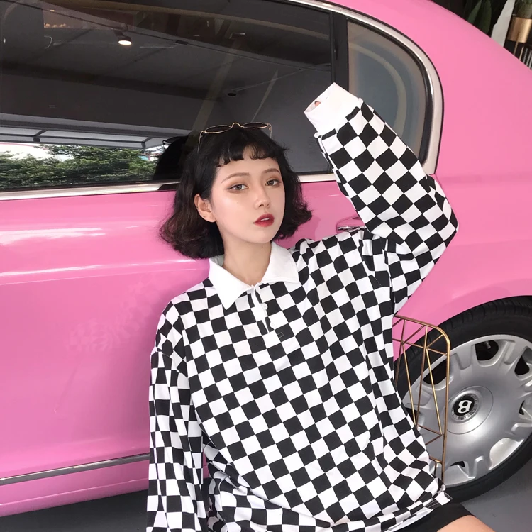 Новинка, Ulzzang Harajuku, корейский бойфренд, свободная рубашка поло с длинным рукавом, черная и белая клетчатая футболка, женские топы, футболки, одежда