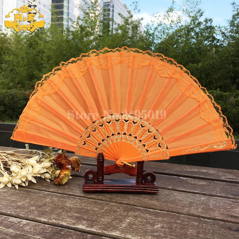 

Free Shipping with Packaging Plastic Floral Lace Tulle Hand Fan Party Dancing Fabric Folding Held Hand Fan Dancing Props