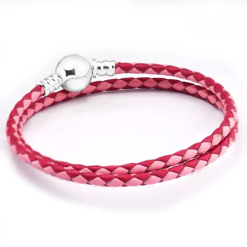 Mixed Pink Woven Leather Bracelets 100 925 Sterling Silver Jewelry