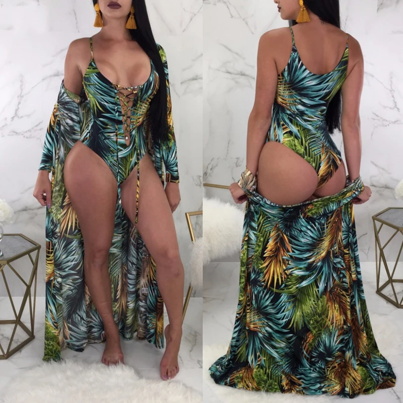 

2PCS/SET Beach Cover-Ups+swimsuit set 2019 Sexy Print Leaves cover up and hollow Out one piece swimsuit women beach wear