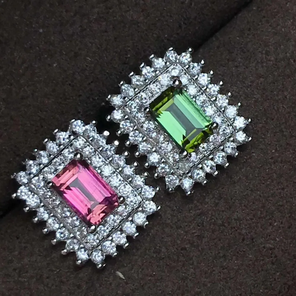 

natural Multicolor tourmaline Classic fashion Square stud earrings Natural gemstone earrings S925 silver women party jewelry