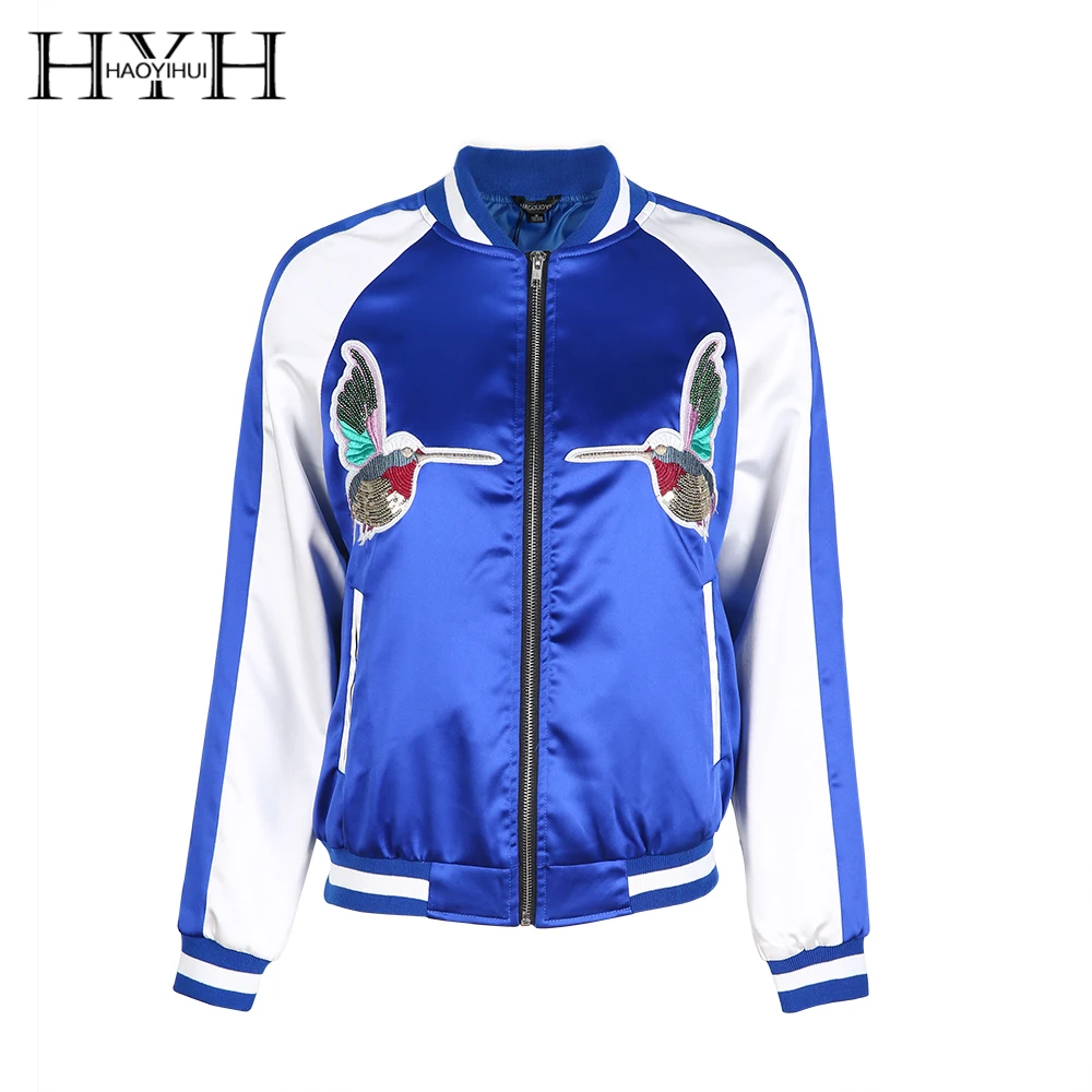 

HYH HAOYIHUI Fashion Women Coats Autumn Jacket Casual Leisure Character Embroidery Female Basic Pockets Zippers Block Lady Tops