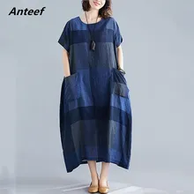 Algodão linho plus size vintage xadrez feminino casual solto longo verão vestido elegante roupas 2021 senhoras vestidos de verão