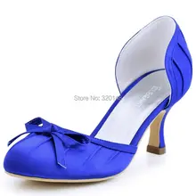 Sweet Girls High Heel Shoes A2100 Blue Round Toe Bow Pleated Mid Heel Satin Woman Bride Bridesmaid Wedding Evening Pumps White