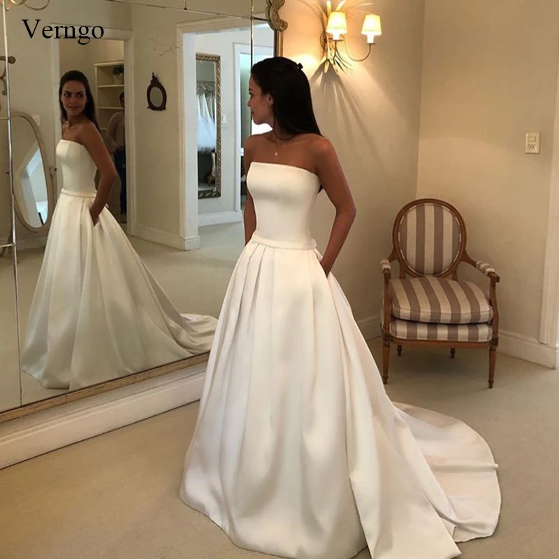 

Verngo simple boho a-line wedding dress satin sleeveless draped bridal dress bow sashes vestidos de noiva bride dresses cheapes