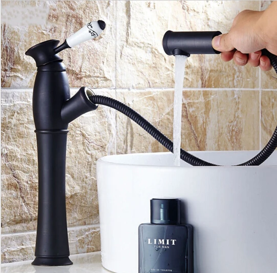

Hot sale brass Basin Faucet with Pull out shower head Oil Rubbed Bronze Sink Mixer Tap Faucet deck mounted single hole/handle
