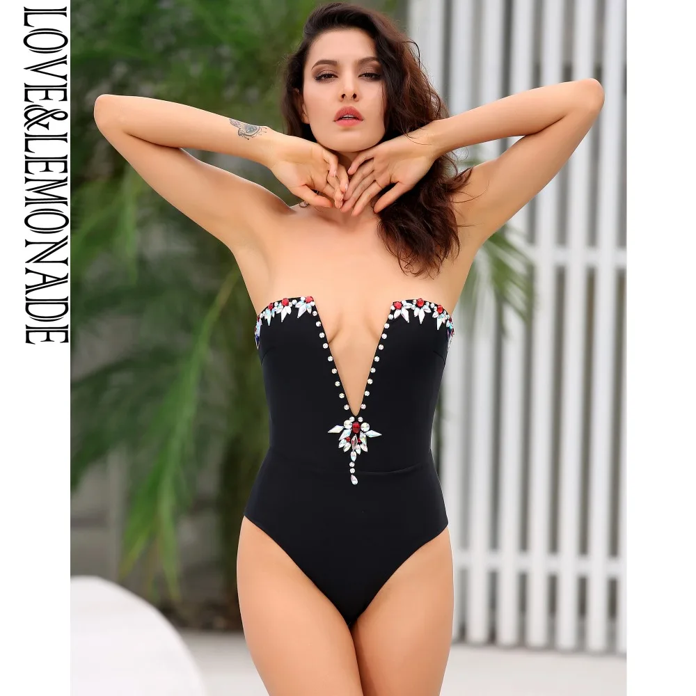 

Love&Lemonade Black Deep V Neck Color Custom Beach Bodysuit LM1182