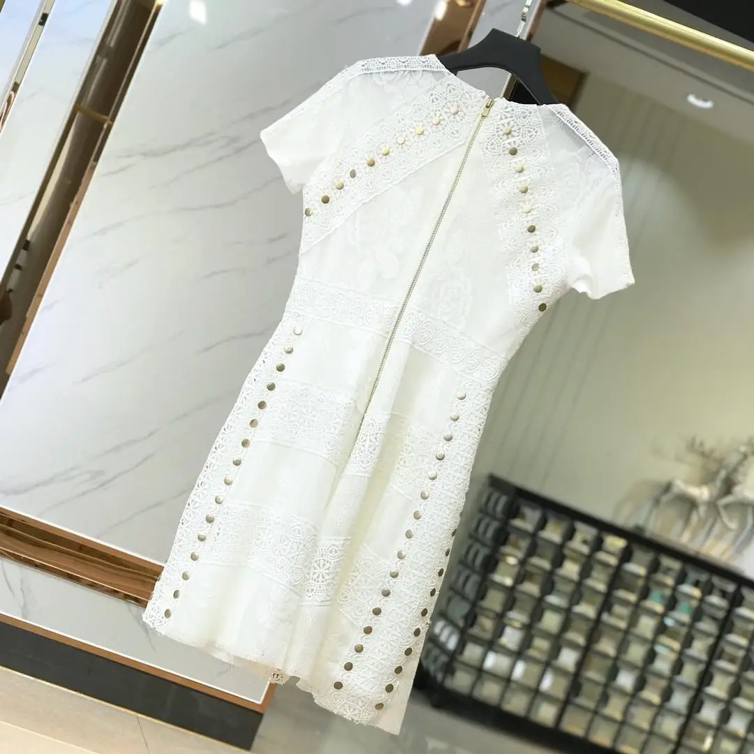 summer new crochet lace waist pleated slim dress