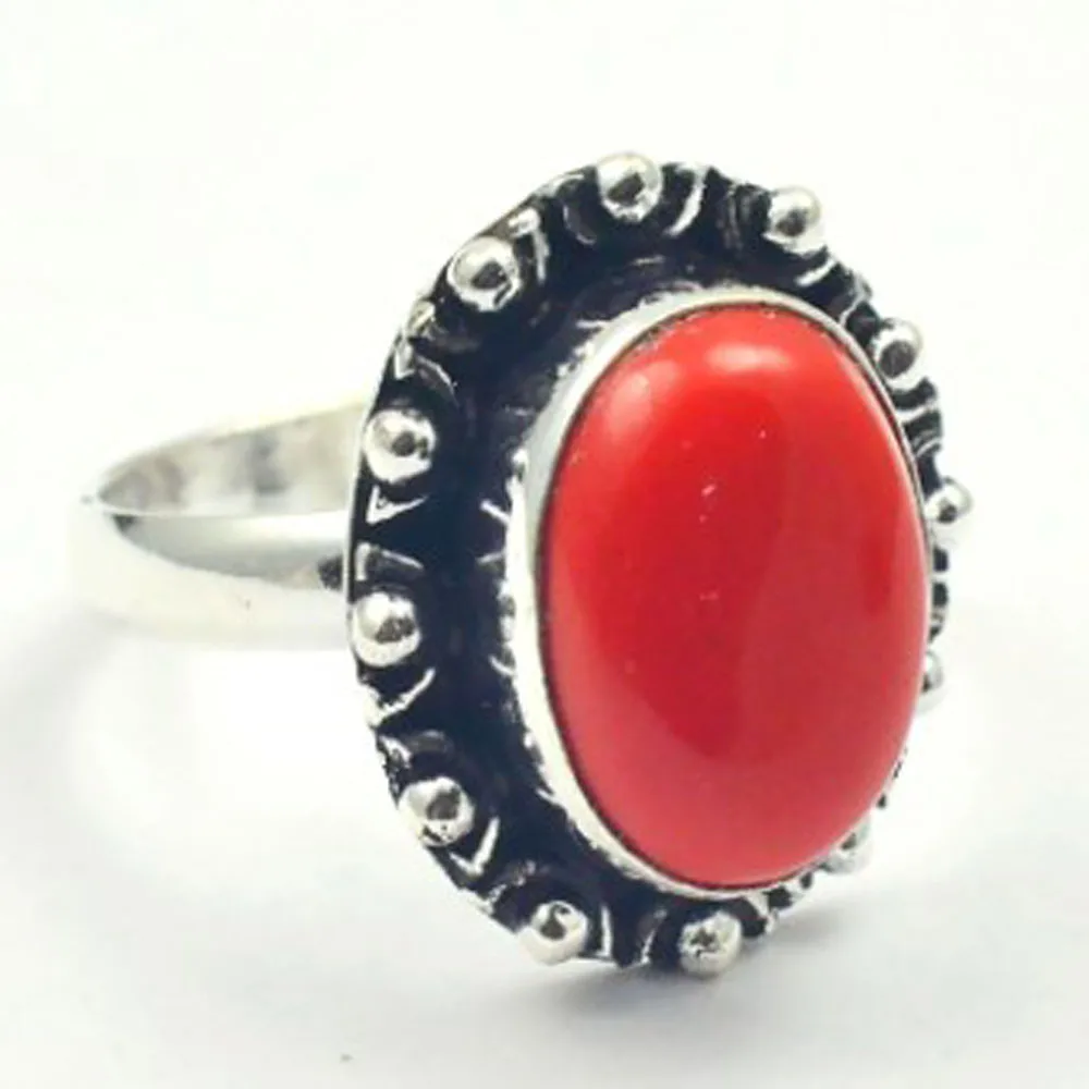 

Red Coral Ring Silver Overlay over Copper , Size: 8.75, R43783