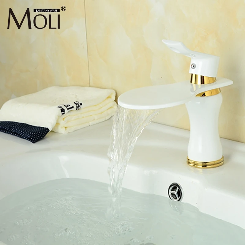 

Waterfall bathroom faucet total copper white painted basin faucets single hole single handle tap hot and cold water