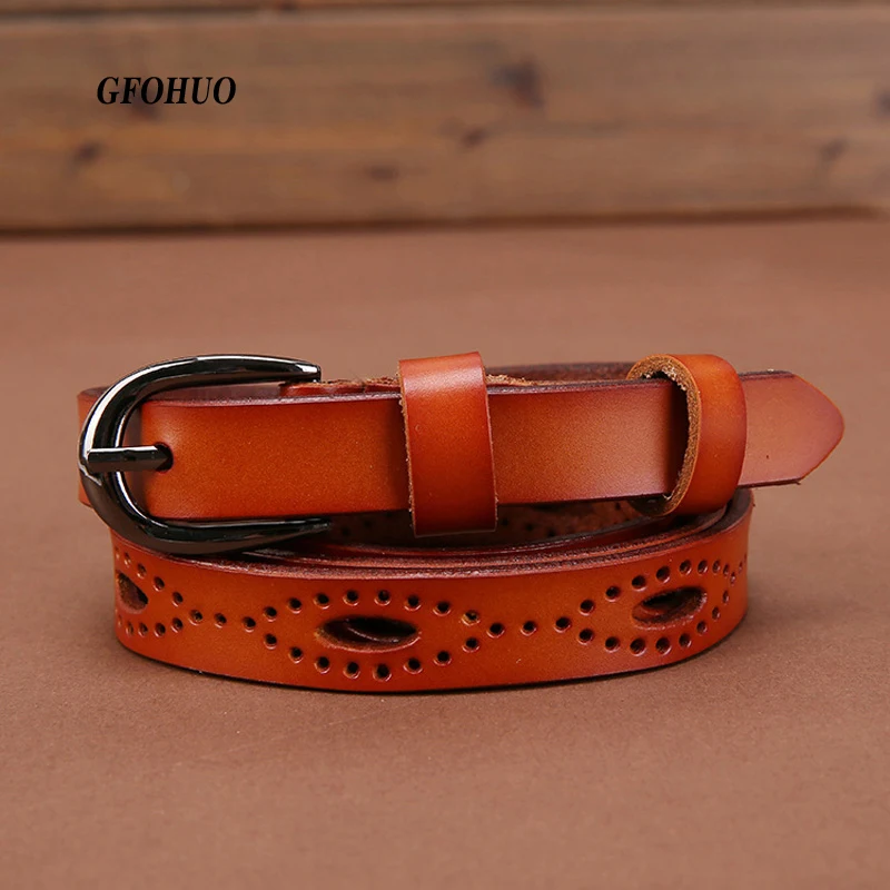 

GFOHUO Luxury women belts Famous brand Hollow out Thin belt Pin Buckle Genuine Leather Belt For Women Female Leather Belt