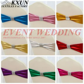 

100PCS Bronzing Coated Lycra Chair Band Spandex Sash Tie Bow Include Net Buckle For Wedding Chair Cover Decoration