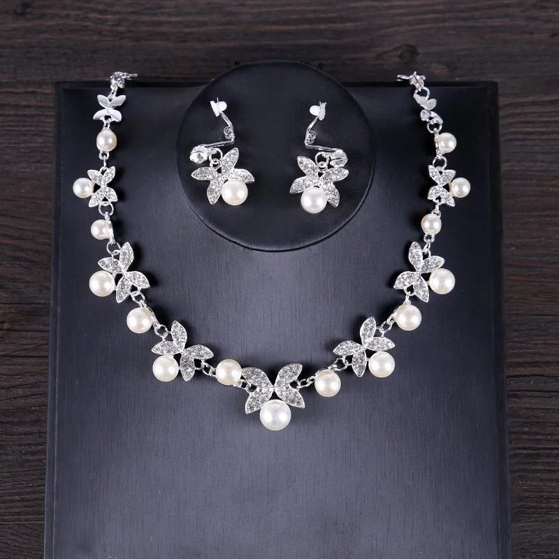 

Pearl Rhinestone Necklace Earring Set Silver Gold Bridal Wedding Jewelry Sets Women Choker Princess Accessories Ornaments