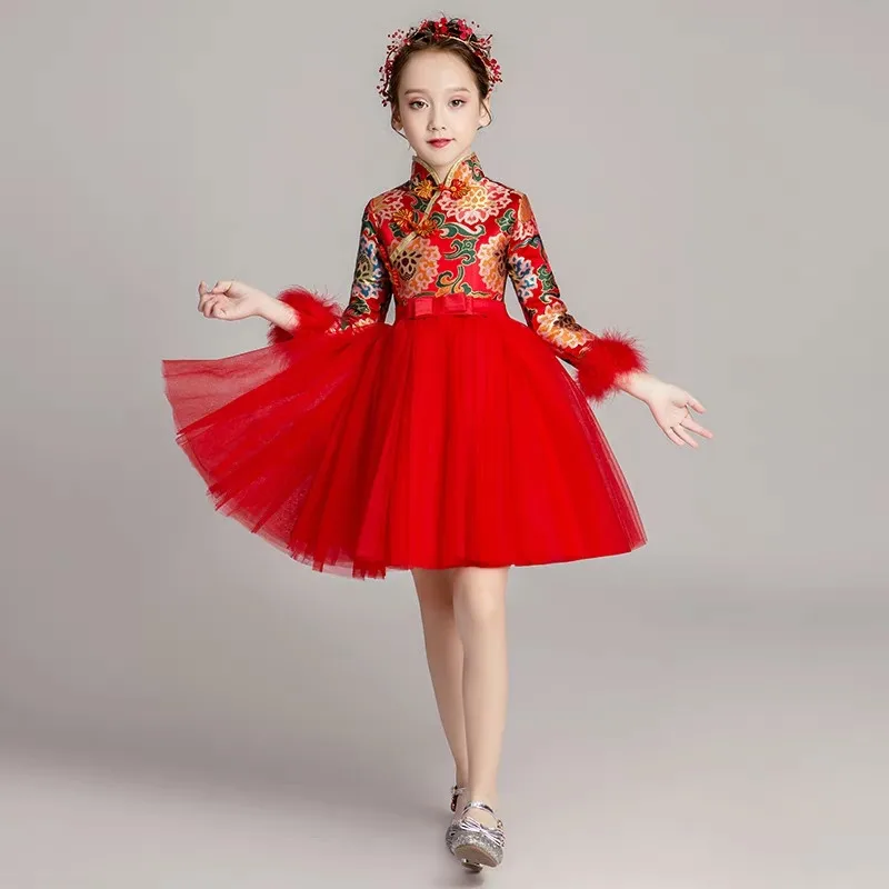 

Chinese Traditional Style Baby Kids Red Color Embroidery Autumn Winter Warm New Year Birthday Princess Dress Children Dress Wear