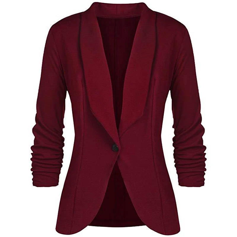 CINESSD Office Lady Blazers Coat Solid Long Sleeves Cardigan Button Casual Suit Navy Blue Draped Slim Cotton Women Blazer Jacket