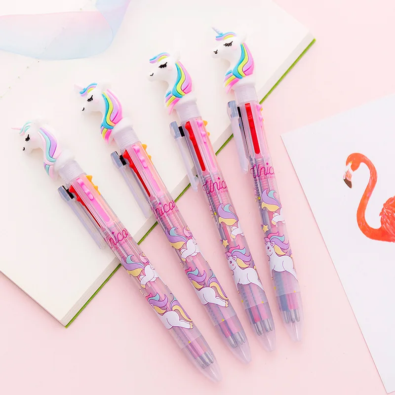 Милая Шариковая ручка 6 цветов, Многоцветная Шариковая ручка, кавайные ручки, Радужный Единорог, канцелярские принадлежности для студентов и школьников