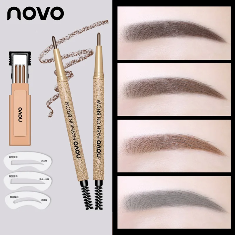 NOVO, набор для макияжа бровей, ручка для бровей+ 3 шт, заправка+ 3 шт, трафареты для бровей, водостойкий, естественный цвет, оттенок, карандаш для бровей с кисточкой