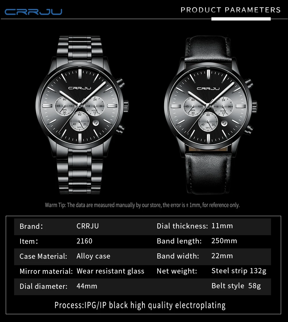 Для мужчин хронограф спортивные часы Мода кварцевые наручные часы с Нержавеющая сталь ремень CRRJU классический светящиеся стрелки мужской