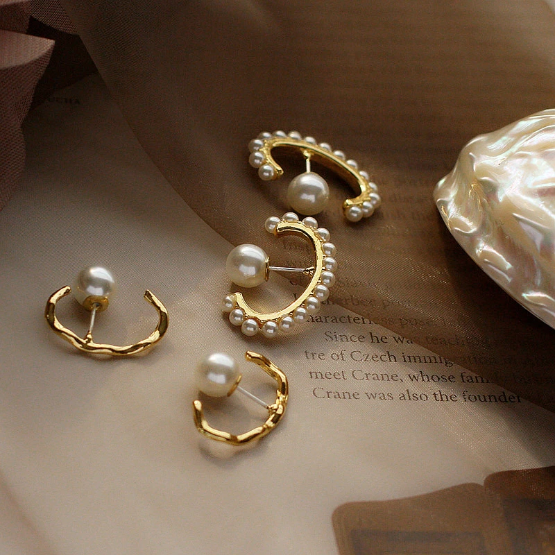 

14K Gold Pearl Back Stud Earrings For Women Delicated Vintage Circle Korean Earrings With 925S Sterling Silver Post Bijoux 2019