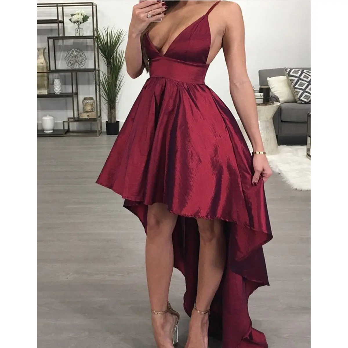 

Newest Style Women Sexy Summer Red Solid Asymmetrical High Waist Deep V-Neck Mini Dress Size S-XL