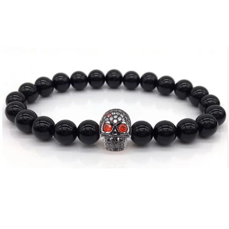 LERNEJO 6 Skull Bracelet Crystal 8mm Charm Bangles Black Smooth Bead Antistress Fidget Jewelry Men Women Bracelets Best Friend