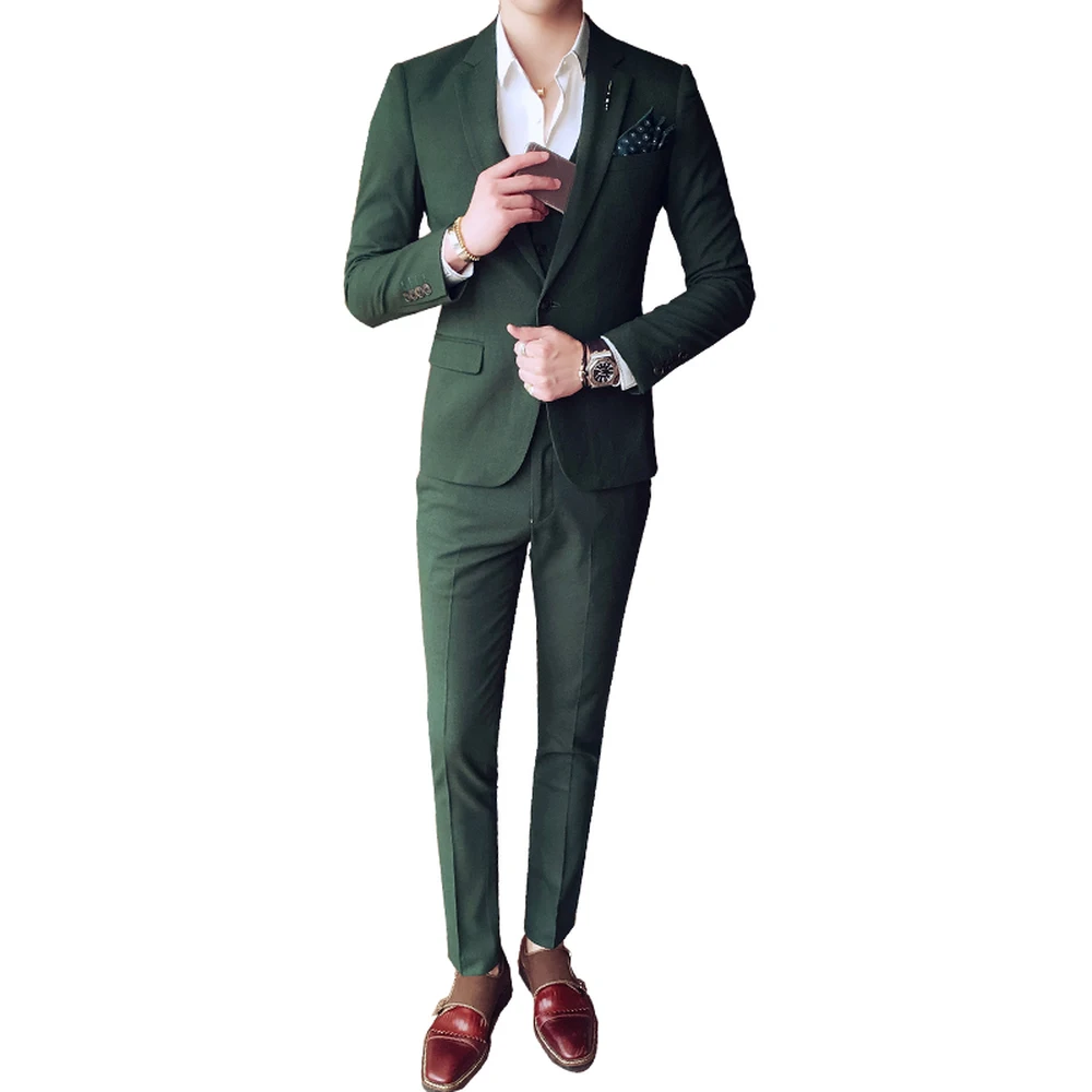 2018 Однотонная одежда белый зеленый серый мужские жениха Нарядные Костюмы для свадьбы комплект из 3 предметов (куртка + брюки + жилет)
