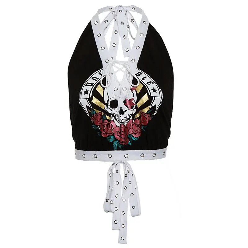 

Sexy Club Hip Hop Summer Gothic High Street Women Tank Tops Slim Print Skull Goth Female Fashion Goth Punk Black Tops 2019